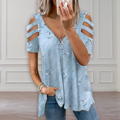 Mulheres verão topo com decote em v baixo corte oco para fora manga curta camiseta combinar calças soltas plus size blusa feminina roupas femininas - Imagem 3