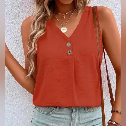 Camiseta com decote em v, botões sólidos, sem mangas, verão, casual, feminina, colete solto, camisas, regata, preto, branco, blusas, streetwear - Imagem 7