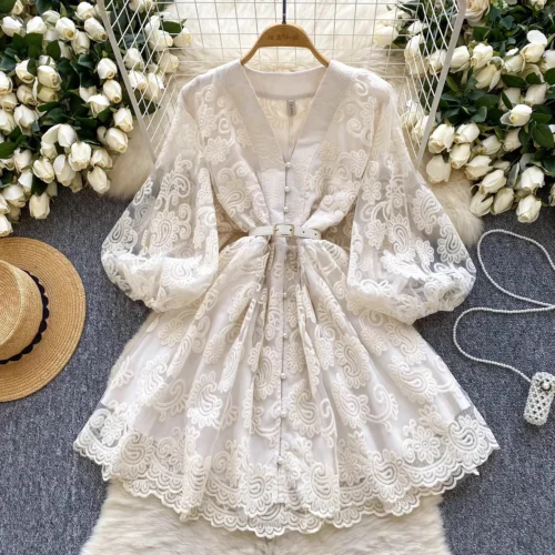 Francês doce decote em v lanterna manga mini vestido de verão feminino bordado flor malha retalhos cinto casual praia a linha festa robes - Imagem 2