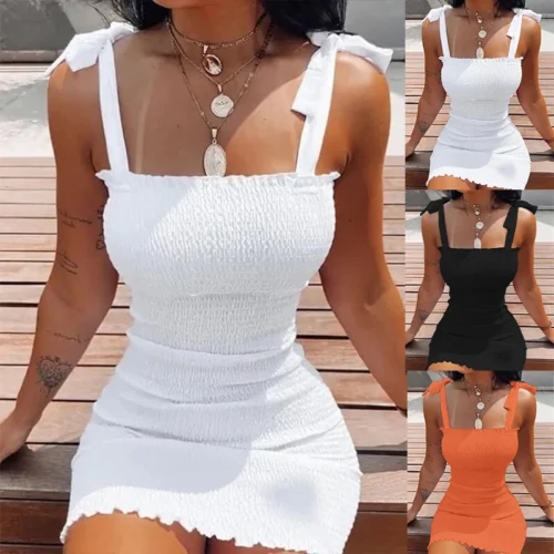 Moda sólida cinta curto vestidos brancos fora do ombro sexy saia pulôver bainha mini verão praia feminino colete vestido - Imagem 4