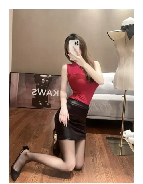 Preto fino imitação de couro lápis mini saia cintura alta sexy moda coreano saias curtas feminino atacado verão doce - Imagem 18
