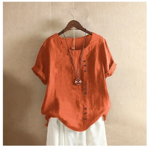 Top feminino de algodão e linho verão casual solto botão manga curta cor sólida pulôver blusa femme blusas - Imagem 11