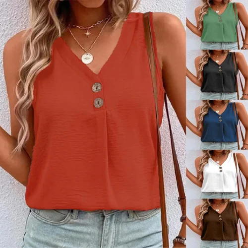 Camiseta com decote em v, botões sólidos, sem mangas, verão, casual, feminina, colete solto, camisas, regata, preto, branco, blusas, streetwear - Imagem 12