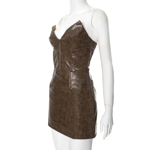 Nsauye novo elegante sexy moda couro sem alças vestido feminino noite clube festa curto bodycon vestido de cintura alta 2025 - Imagem 22