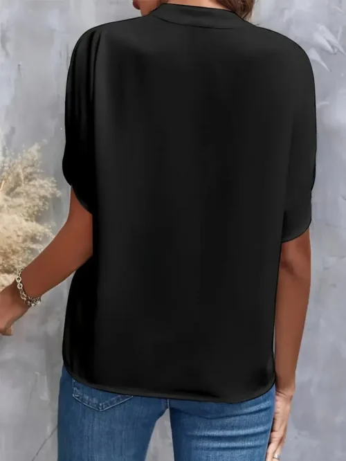 Verão elegante blusa feminina novo decote em v manga curta cor sólida camisa solta casual branco topos senhora do escritório blusas - Imagem 14