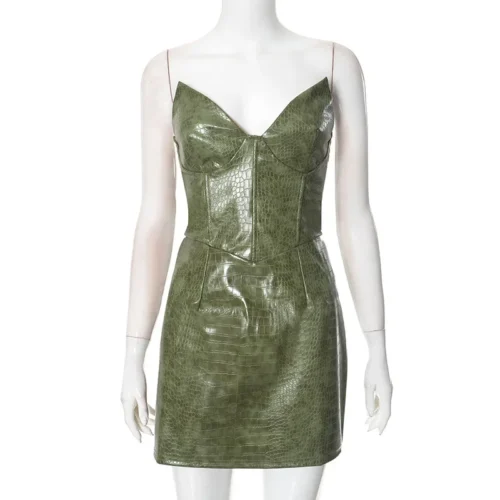 Nsauye novo elegante sexy moda couro sem alças vestido feminino noite clube festa curto bodycon vestido de cintura alta 2025 - Imagem 24