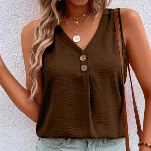 Camiseta com decote em v, botões sólidos, sem mangas, verão, casual, feminina, colete solto, camisas, regata, preto, branco, blusas, streetwear - Imagem 3