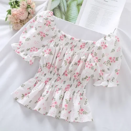 Doce flor quebrada Slash Neck Blusa para mulheres, Agaric Edge Plissado Design, cintura elástica fina Cropped Top, camiseta de chiffon bonito, verão - Imagem 9