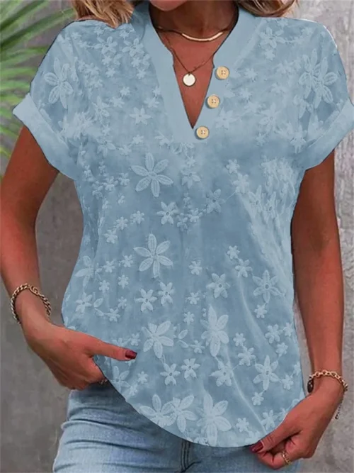 Verão casual camisa com decote em v blusa feminina moda branco jacquard camisas de manga curta feminina 2024 escritório senhoras blusa elegante topos - Imagem 3
