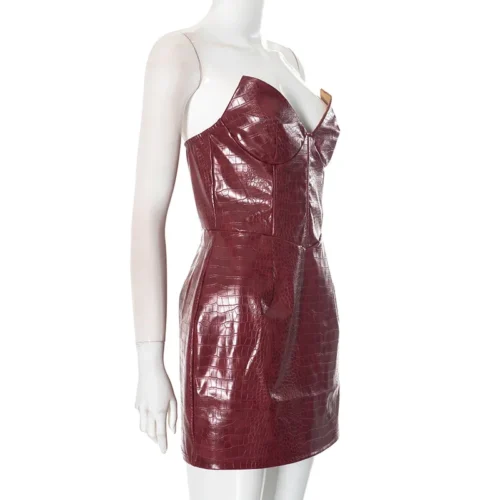 Nsauye novo elegante sexy moda couro sem alças vestido feminino noite clube festa curto bodycon vestido de cintura alta 2025 - Imagem 19