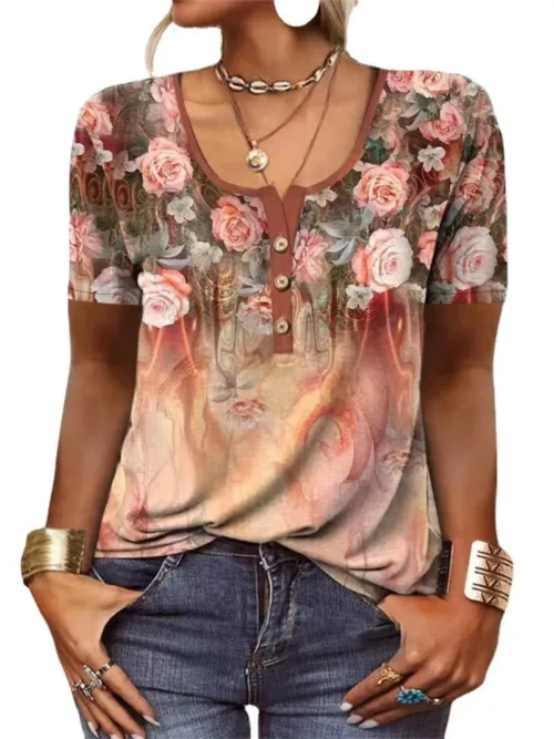 Camisas elegantes para mulheres manga curta moda estilo étnico solto retro casual botão blusas 3d flor impressão solta verão topos - Imagem 8