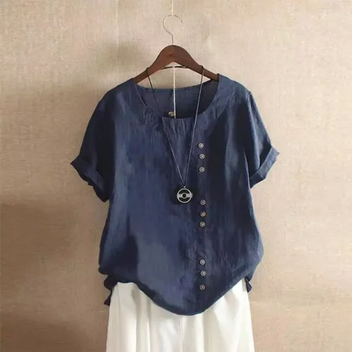 Top feminino de algodão e linho verão casual solto botão manga curta cor sólida pulôver blusa femme blusas - Imagem 33