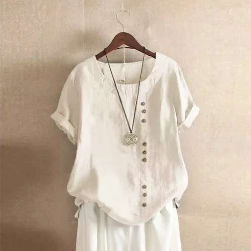 Top feminino de algodão e linho verão casual solto botão manga curta cor sólida pulôver blusa femme blusas - Imagem 16