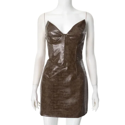 Nsauye novo elegante sexy moda couro sem alças vestido feminino noite clube festa curto bodycon vestido de cintura alta 2025 - Imagem 21